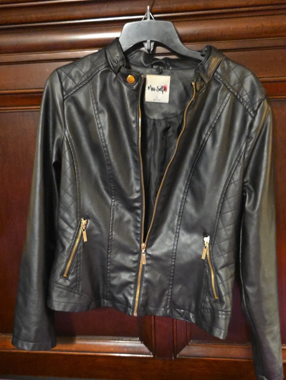Miss Selfie Black Faux Leather Jacket with Gold Zips